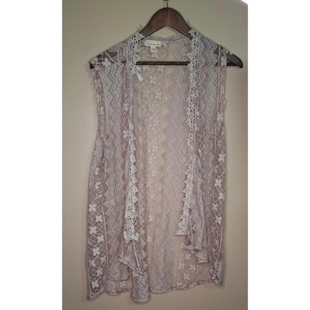Emi & Joe Womens Large Lace Vest Open Front Crochet Trim Boho Cream Sleeveless